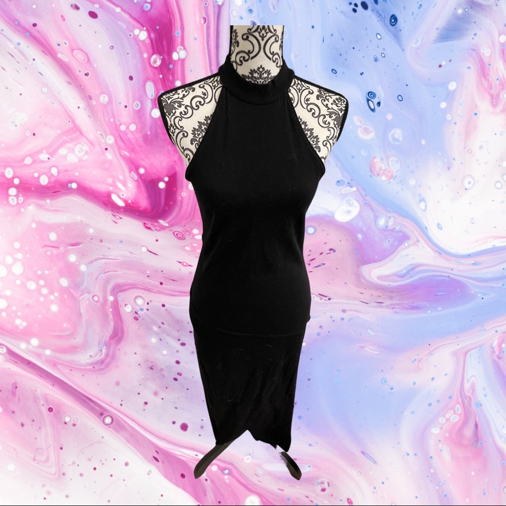 $1498 Nicole Miller Womens Black Jersey Mock Halter Neck Open Back Gown Dress.